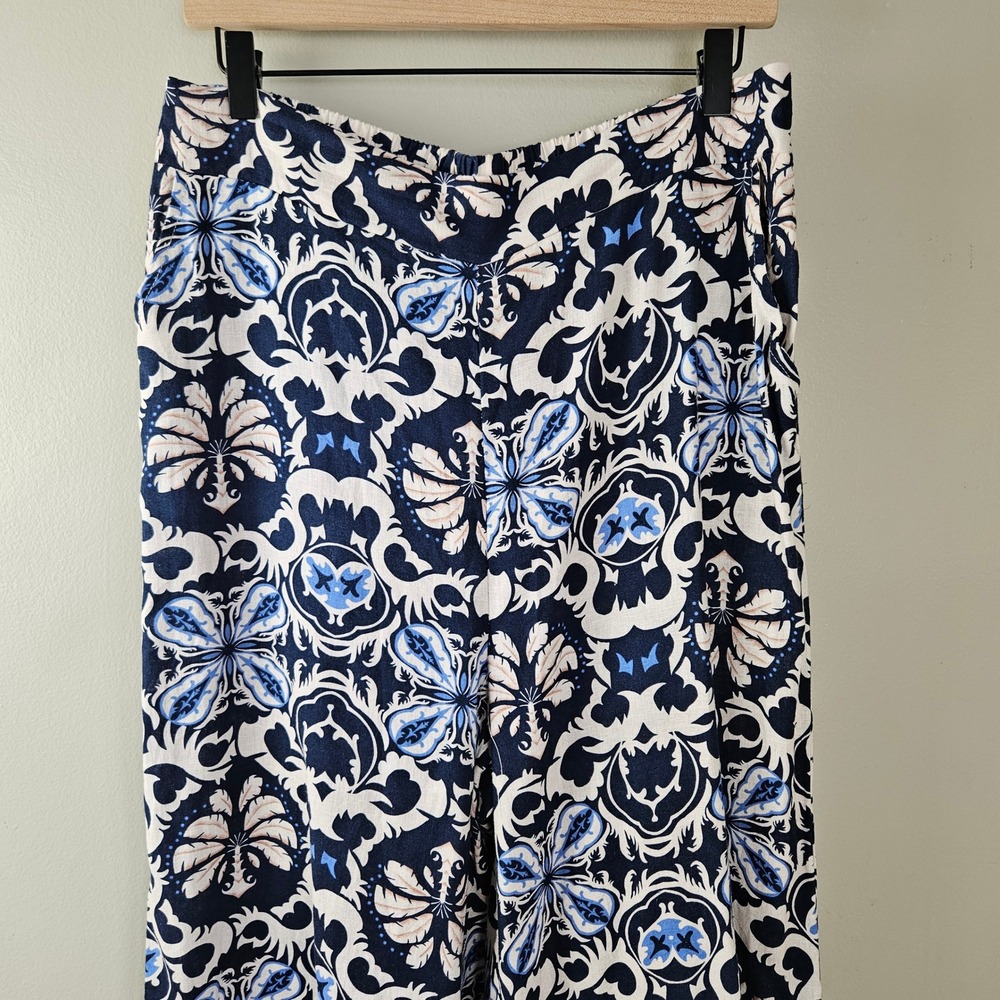 Rachel‎ Zoe Linen Blend Ikat Boho Wide Leg Crop Pants Sz L Blue Ivory Flowy - Picture 2 of 10